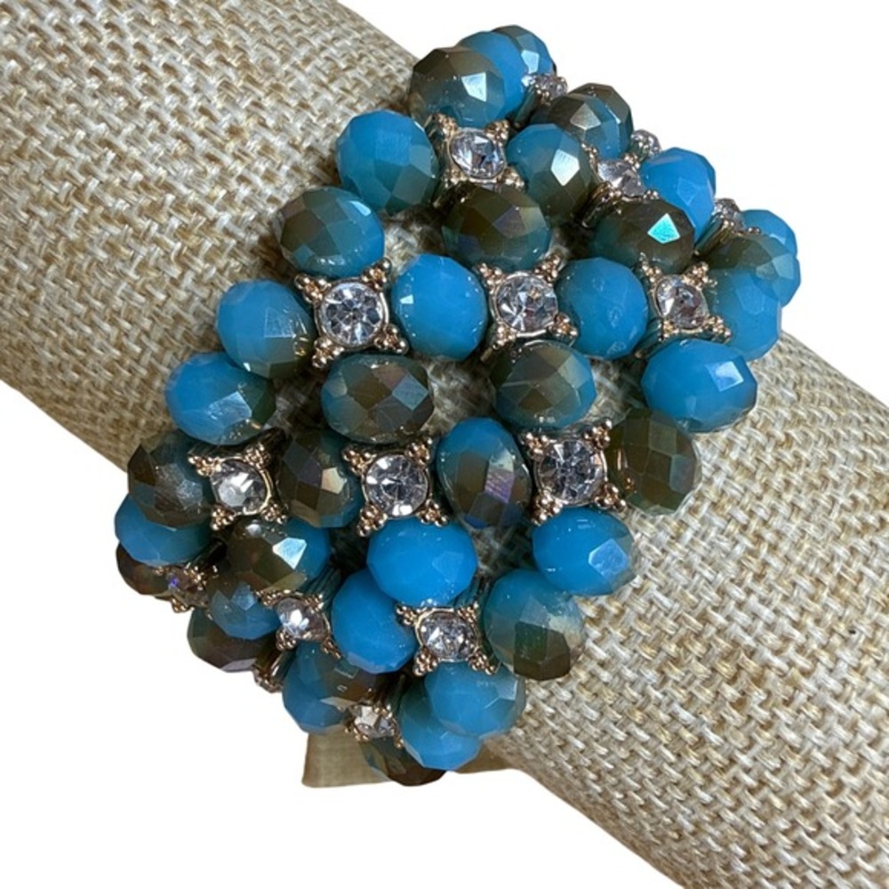 Beaded Stretch Bracelet Blue Bronze Rhinestone Statement Cuff